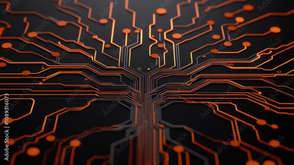 Poster a close-up view of a circuit board featuring intricate orange lines and nodes on a dark background, 