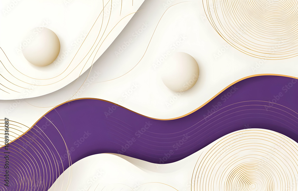Poster abstract purple and white background with gold lines and spheres. elegant design with wavy shapes an
