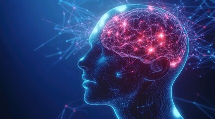 3D rendering of a human head with a brain and neural network on a dark blue background 