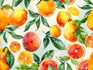 Watercolor pattern of citrus fruits, mango, and lemon and lime leaves for vibrant and summery design