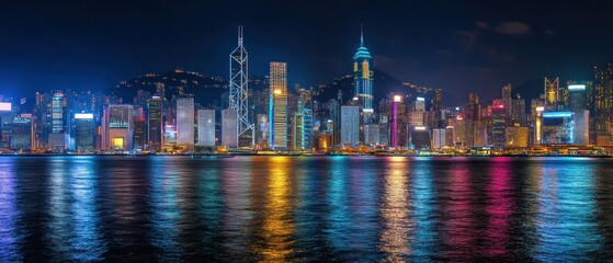 Naklejka premium Vibrant city skyline at night reflecting on water, showcasing urban architecture and lights.