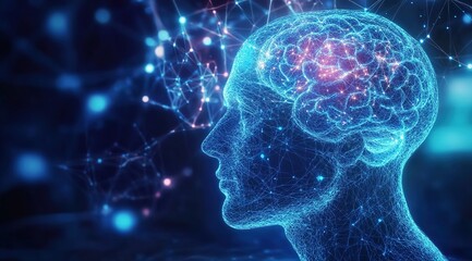 3D rendering of a human head with a brain and neural network on a dark blue background 