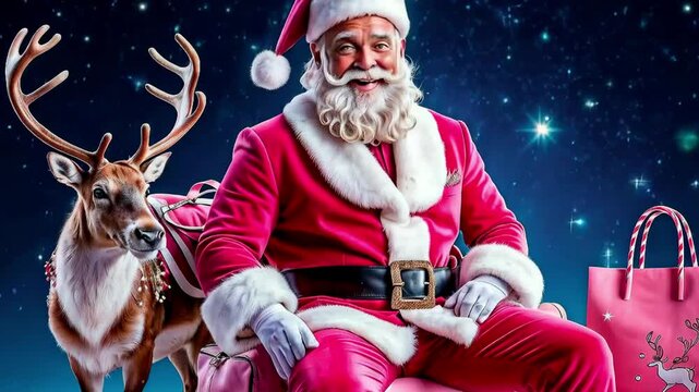 Stylish and cool Santa Claus with Christmas deer and holiday gifts