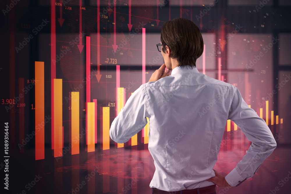 Poster back view of attractive stressed young businessman with glowing red business chart and map on blurry