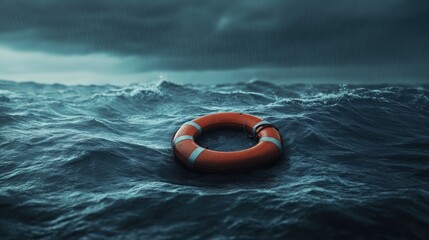 Obraz premium Lifebuoy in Stormy Sea Under Dark Clouds