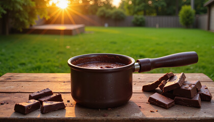 Pot of melted chocolate with chocolate pieces on a wooden table outdoors