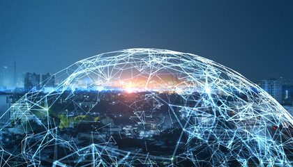 Creative city backdrop with glowing polygonal sphere. Technology, ai and connections concept.
