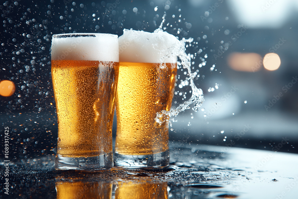 Poster two frosty beer glasses with splashing water droplets create refreshing scene on wet bar counter. go