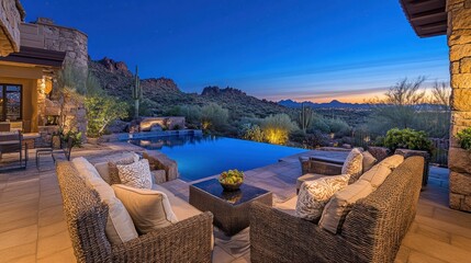 A serene outdoor lounge area by a pool at twilight, surrounded by desert mountains.