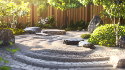 The photo shows a zen garden with sand and stones. Tranquil Zen Garden. Illustration