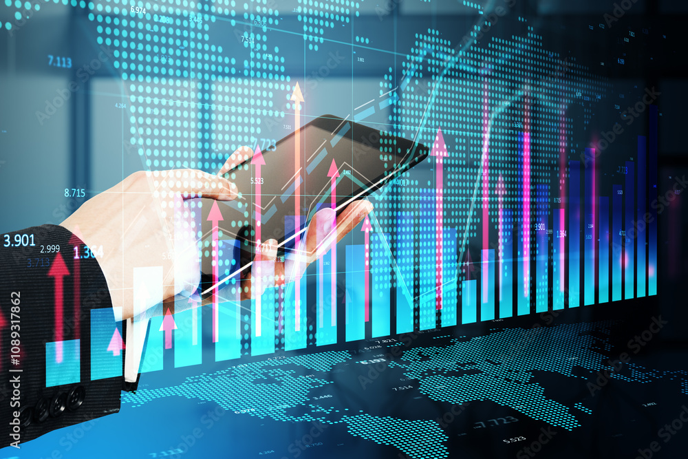Poster close up of businessman hand pointing at tablet with growing forex chart hologram with map on blurry