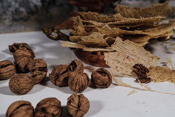 Tarhana cips, crispy snacks a traditional turkish anatolian fermented soup base made into crunchy chips made of youghurt and cereals, served with walnuts