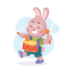 Cute Rabbit Animal Character Play Drum and Marching Vector Illustration