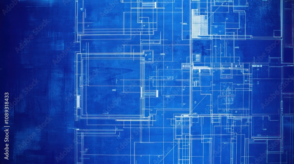 Poster abstract blueprint design in blue tones, showcasing interconnected lines and shapes.