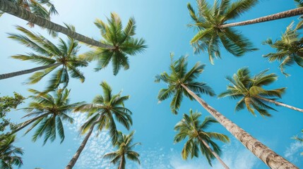 A serene view of palm trees against a clear blue sky, evoking a tropical atmosphere.