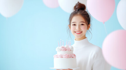 Joyful girl holding a birthday cake with pink balloons in a bright setting