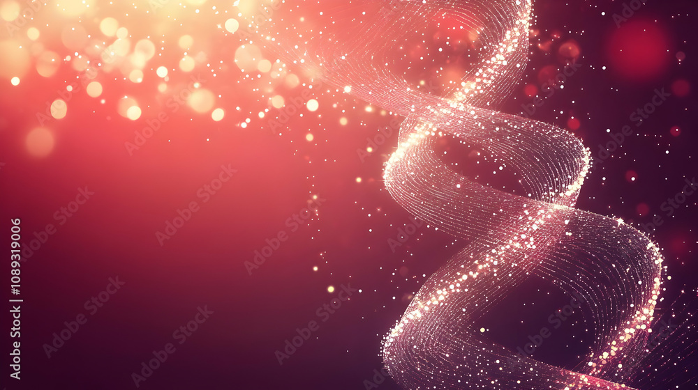 Poster abstract swirling golden particles on a red bokeh background.