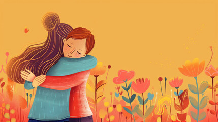 watercolor illustration, vintage postcard, National Hugging Day, two friends hugging, bright orange floral background, copy space, free space for text,