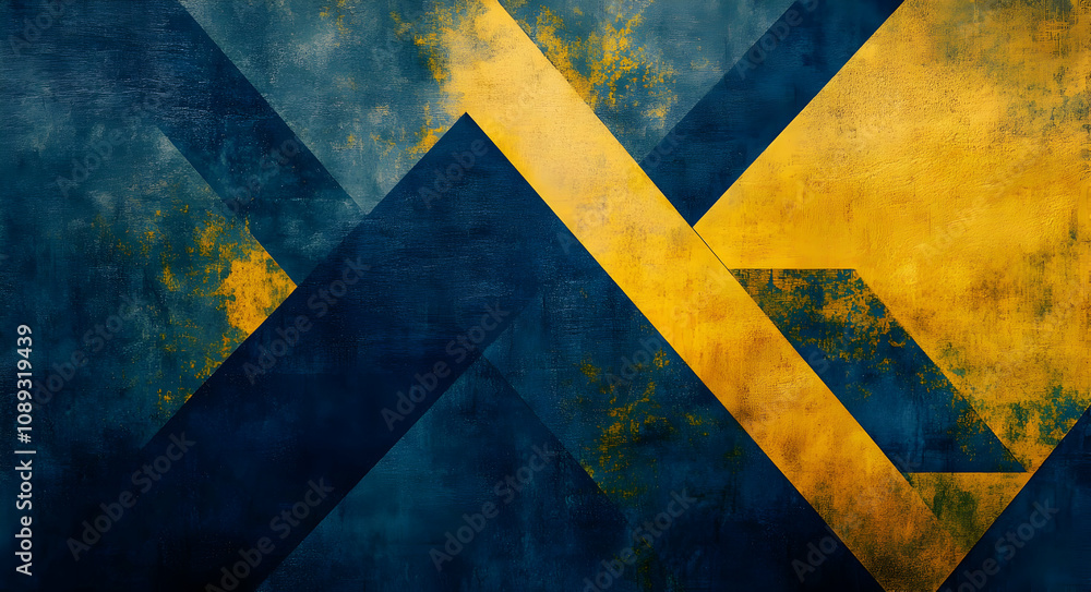 Poster abstract textured background with intersecting blue and gold triangles on a grunge surface.