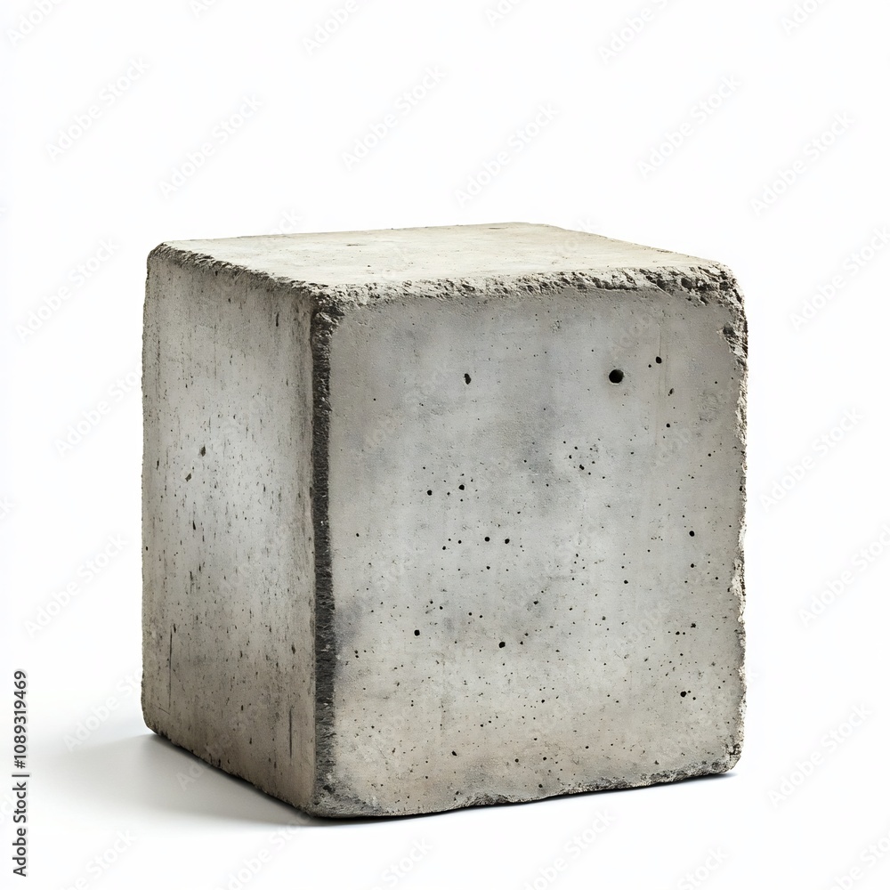 Poster a close up front view shot of a plain solid concrete cube or block against a simple white background