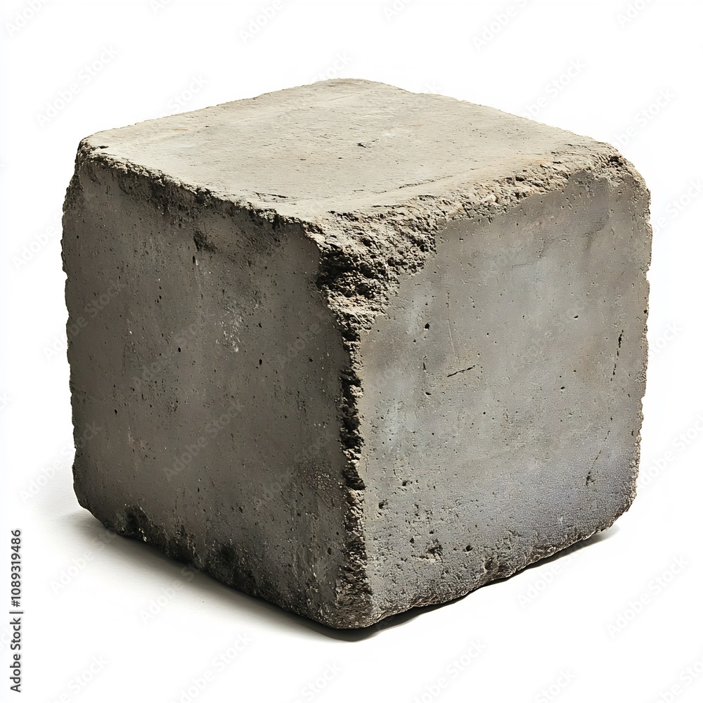 Poster closeup front view of a solid sturdy concrete block or cube isolated on a clean pristine white backg
