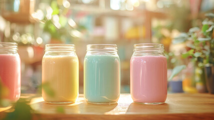 Colorful Smoothies in Jar Glasses
