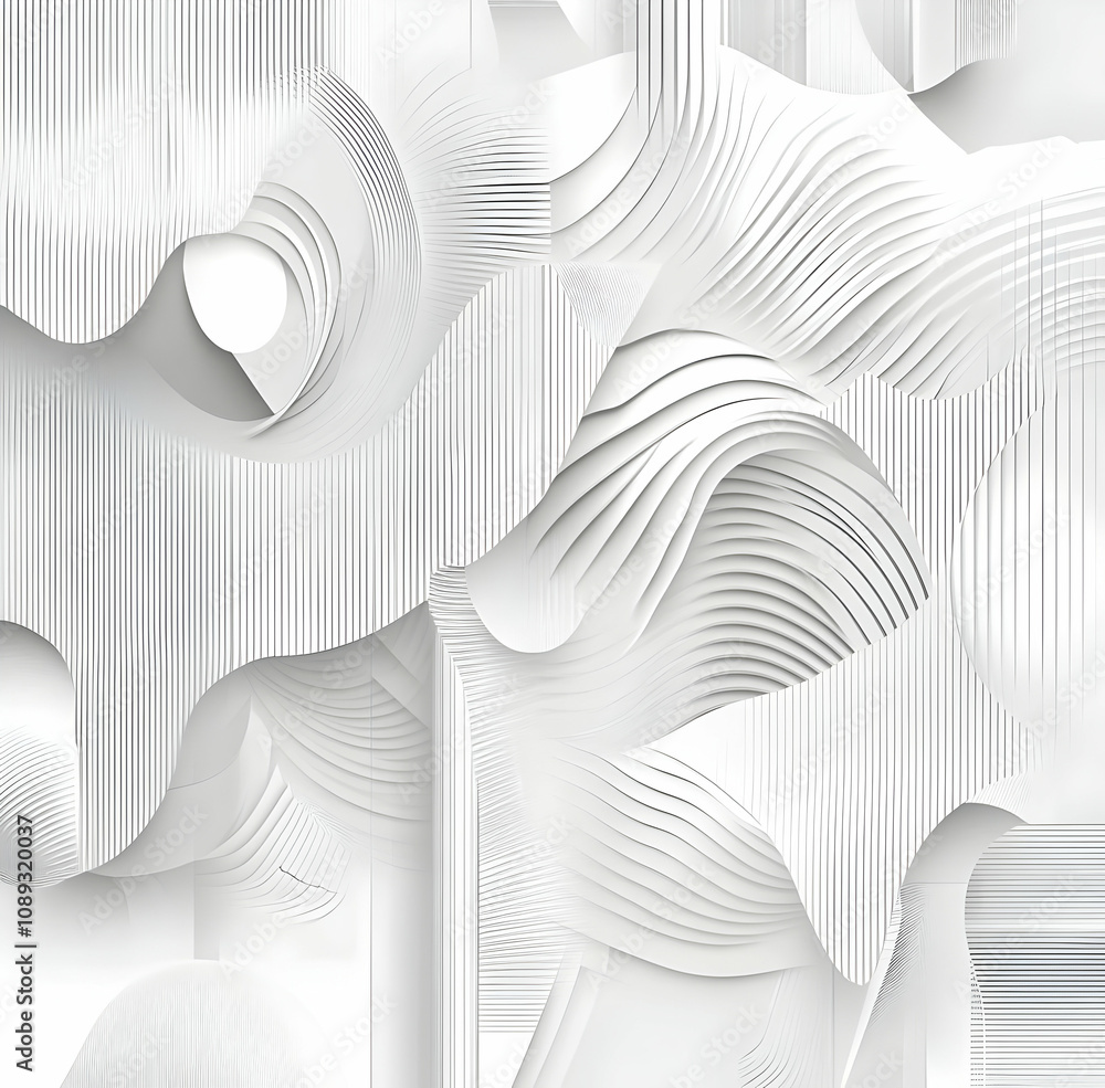 Poster abstract white 3d rendering of flowing, layered lines and curves creating a dynamic, modern design.