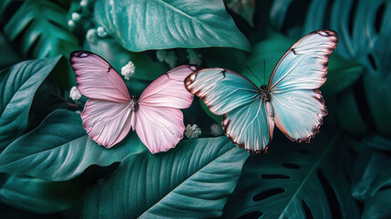 Soft Pastel Butterflies on Lush Green Leaves