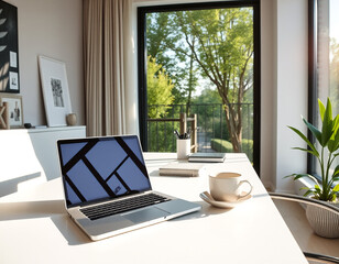 Fototapeta premium Modern Home Office with Open Laptop and Green Nature View, Minimalist Interior Design Photograph