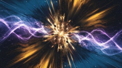 Cosmic energy burst. Vibrant energy streams converge, symbolizing creation or a powerful event.  A cosmic spectacle of light and motion.