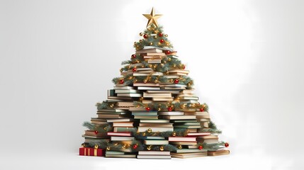 Ein Weihnachtsbaum aus aufgestapelten B&uuml;chern mit weihnachtlicher Dekoration.