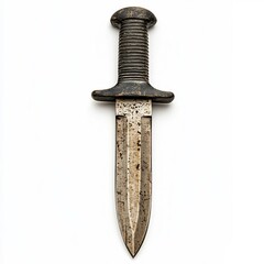 A front view shot of a worn vintage style survival knife with a weathered grungy appearance isolated against a clean white background  The knife represents utility preparedness