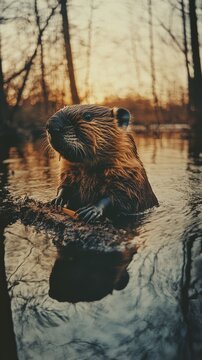 A beaver building a dam in a stream close up, focus on, copy space Double exposure silhouette with beaver and flowing stream