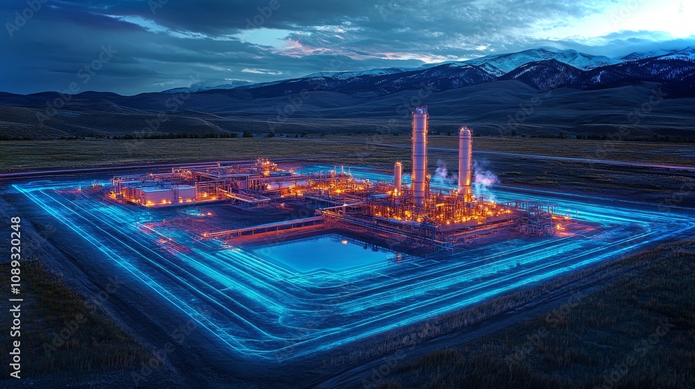 Poster geothermal field displaying holographic data visualization at twilight in a mountainous region