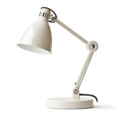 A front view of a contemporary and minimalist desk lamp featuring a sleek white and chrome metal construction  The lamp is isolated on a plain white background