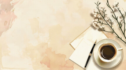 watercolor illustration, vintage postcard, National handwriting day, cup of coffee, blank writing sheets, pen, top view, light beige background, copy space, free space for text,