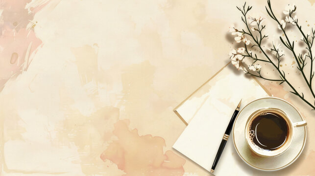 watercolor illustration, vintage postcard, National handwriting day, cup of coffee, blank writing sheets, pen, top view, light beige background, copy space, free space for text, - Powered by Adobe