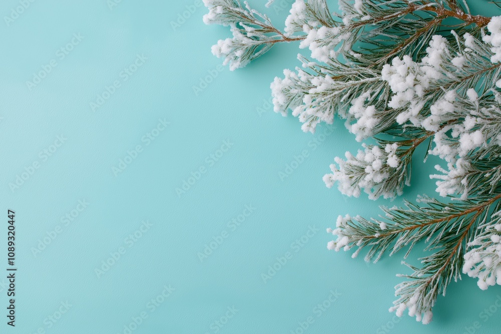 Poster a blue background with a branch covered in snow. the branch is the main focus of the image