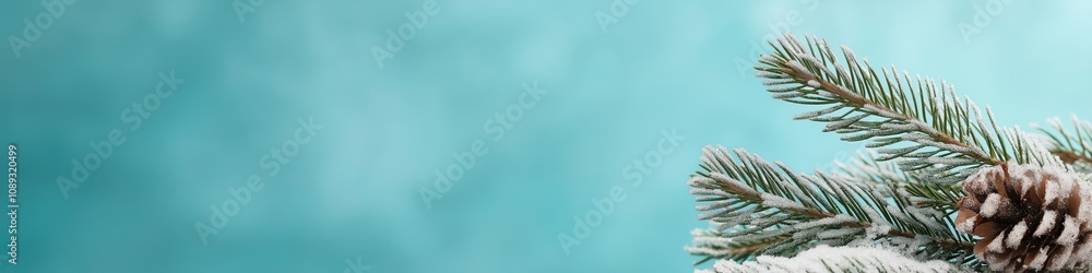 Poster a blue background with a pine tree with snow on it. the pine tree is the main focus of the image