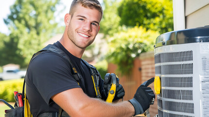 Fototapeta premium HVAC Technician Repairing Air Conditioning Unit,Showcasing Skilled Trades at Work