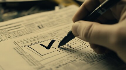 Naklejka premium hand holding an ink pen, coloring in the check mark on paper with a black marker.