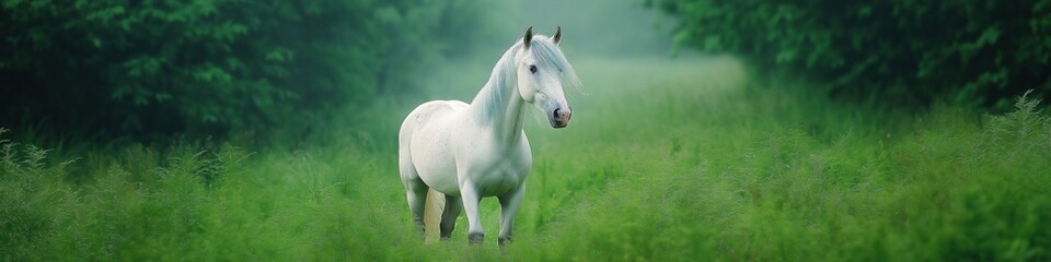 Obraz premium A white horse is standing in a lush green field. The horse is looking to the right. Concept of freedom and tranquility, as the horse is in a natural setting with plenty of space to roam and explore