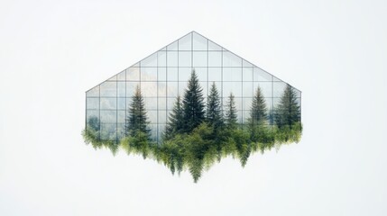 A conference in a glass building surrounded by nature close up, focus on, copy space Double exposure silhouette with conference and green scenery