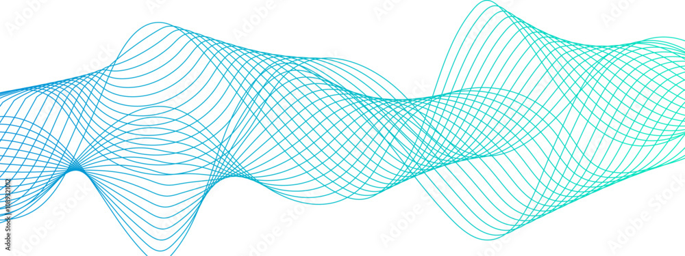 Poster Abstract colourful glowing frequency sound wave with curved lines. Curved, wavy lines create a futuristic motion. concept business presentation, Brochure, Flyer, Science, Technology.