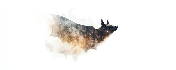 Obraz premium A bat flying through the night sky close up, focus on, copy space Double exposure silhouette with bat and starry night sky