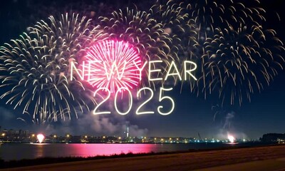 New Year's 2025 fireworks celebration with colorful explosions in the night sky