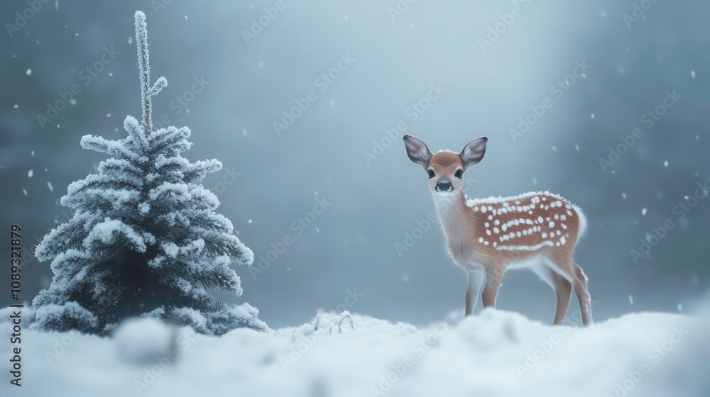Poster a young deer stands in a snowy forest with a small pine tree behind it. the deer is looking at the c