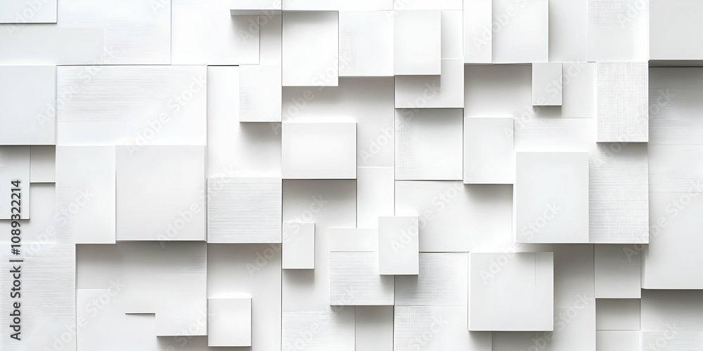 Poster abstract white geometric pattern of squares and rectangles, creating a modern, minimalist design.
