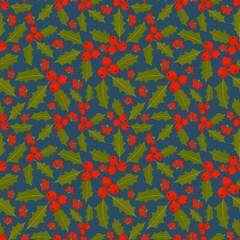 Holly berries seamless pattern. Winter holidays repeating print. Festive season backdrop. Perfect for wrapping, fabrics, packaging, stationery, art and crafts, scrapbooking, web and home decor.