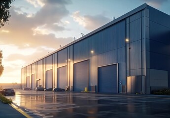 Obraz premium A modern warehouse exterior with blue metal cladding and large garage doors 